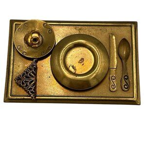 Vintage 70s Jan Michaels Brass Dinner Place Setting Plate Brooch Pin Artsy